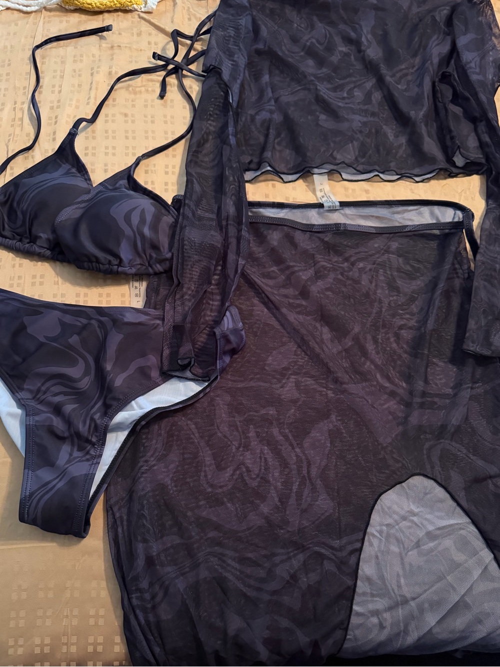 SHEIN Black Swirl Mesh 3-Piece Swim Cover Set